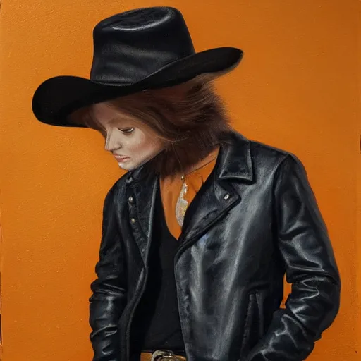 Image similar to a portrait of an orange kitten wearing a cowboy hat and a black leather jacket, oil painting, detailed