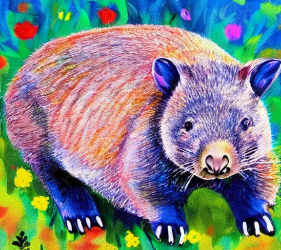 Image similar to a bright colourful painting of a wombat relaxing