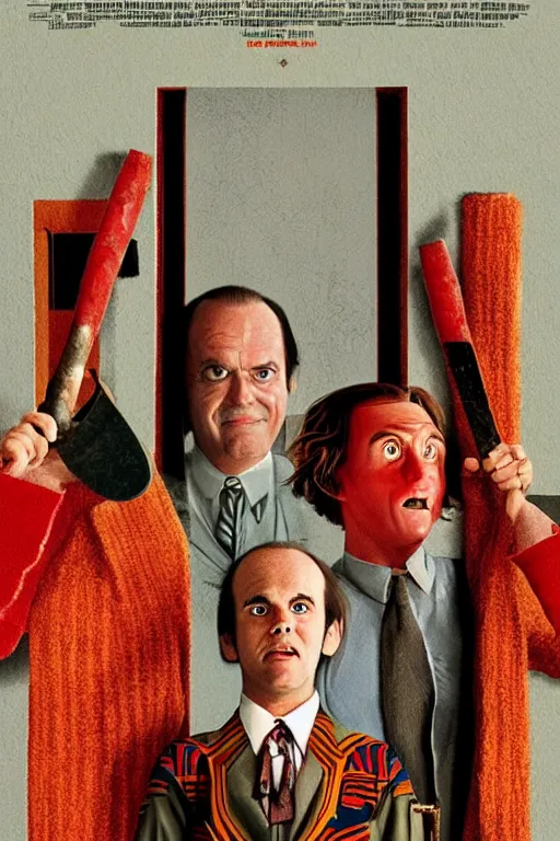 Image similar to a movie poster for the film the shining featuring a large portrait of jack nicholson's face and a fireaxe in the style of wes anderson's the grand budapest hotel.