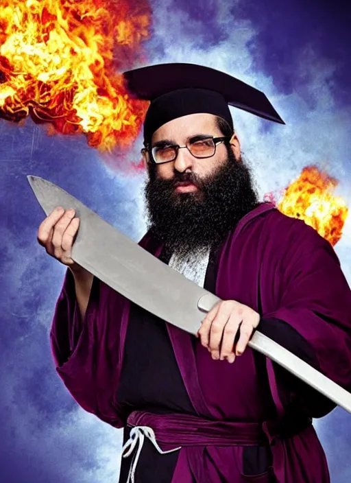 Prompt: action movie poster of an ultra orthodox bearded Christian priest wearing a deep purple robe with cloak, holding a machete. with an explosion behind him.