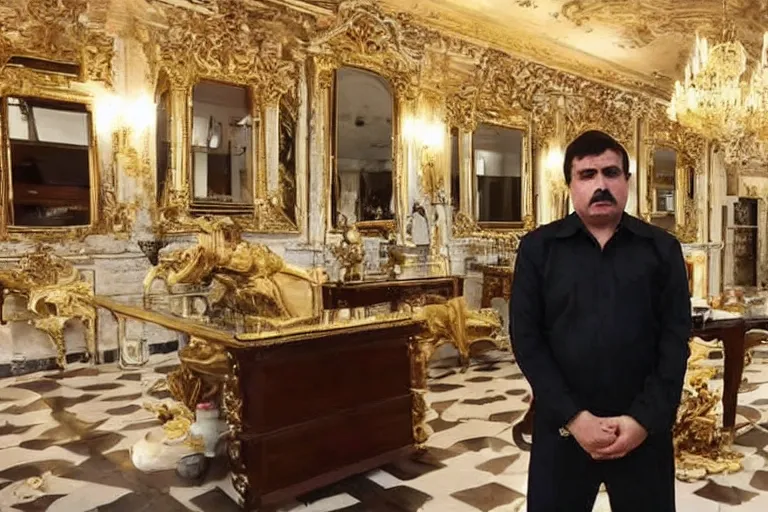 Image similar to el chapo standing in the middle of a grandiose mexican mansion. everything is made out of gold. el chapo is sipping o wine.