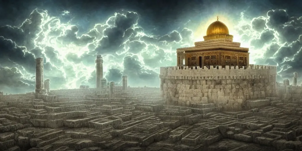 Image similar to hidden imagery floating temple in the sky incredible digital art optical illusion, superb detailed clouds shaped like the second temple in jerusalem, over the ruins of old jerusalem, awe inspiring, masterpiece surrealism, digital art trending on artstation awesome award winning