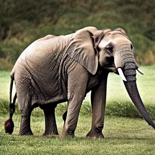 Image similar to a Elephant-Pug Hybrid, A Elephant that looks like a pug, huge tusks, afternoon hangout, good times photograph, candid