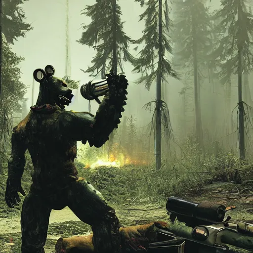 Image similar to Zombie bear vs a man in power armor with a minigun in his hands against the background of a radioactive forest, graphics, fallout 4 render, 3d computer render, maximum details, rain, night, spotlight,