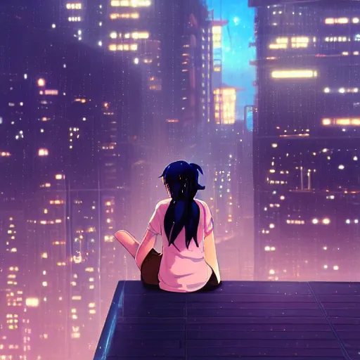 Image similar to beautiful anime painting of a woman with dark - blue hair sitting on a rooftop in a cyberpunk city, nighttime, by makoto shinkai, kimi no na wa, artstation, atmospheric, high detail