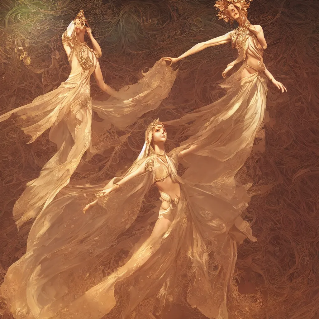 Image similar to glowing goddess dancing in the desert, professional models, symmetrical face, fantasy, surreal, intricate and very beautiful and elegant, highly detailed, digital painting, trending on artstation, concept art, smooth and sharp focus, illustration, art by tan zi and ayanamikodon and alphonse mucha and wlop