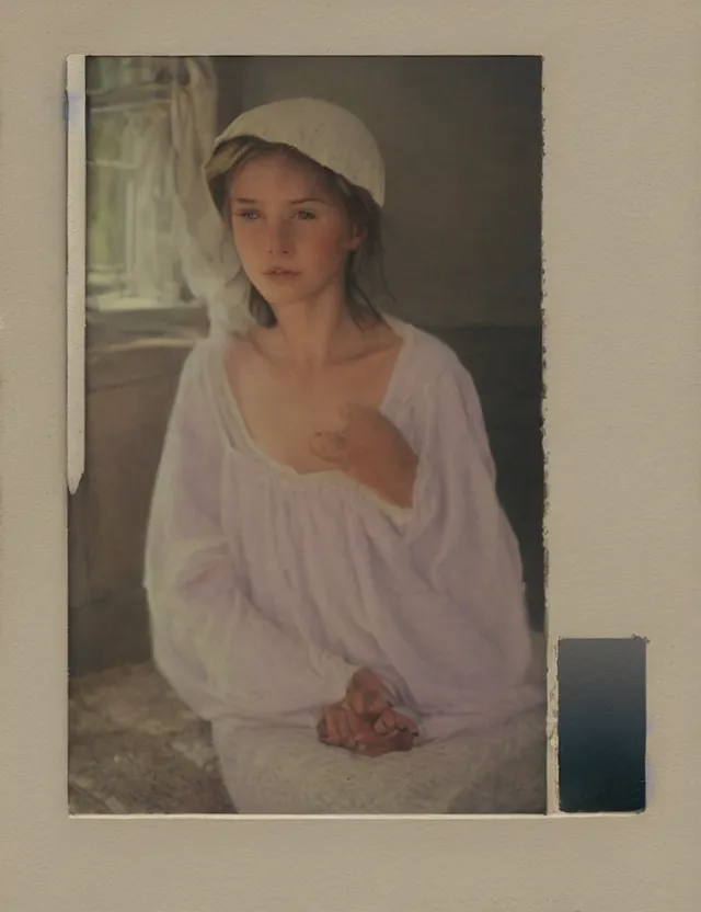Prompt: peasant girl in a morning in country house sitting on a bed, cottage core, polaroid photo bleached vintage pastel colors high - key lighting, soft lights, foggy, by steve hanks, by lisa yuskavage, by serov valentin, by tarkovsky, detailed, oil on canvas