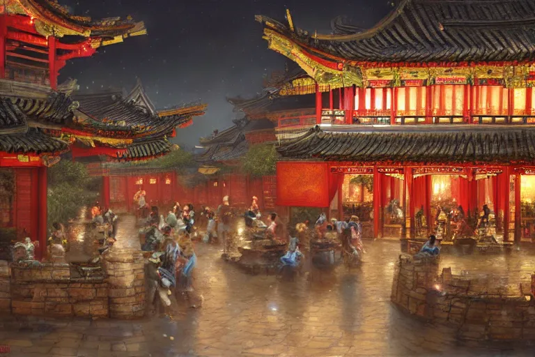 Prompt: fantasy art of a bustling tea house in china, at night, by ralph horsley, highly detailed digital art, trending on artstation