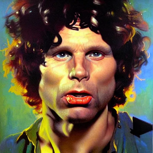 Image similar to exaggerated funny caricature portrait of jim morrison, detailed face, detailed painting, epic lighting, by ilya repin, phil hale and kent williams