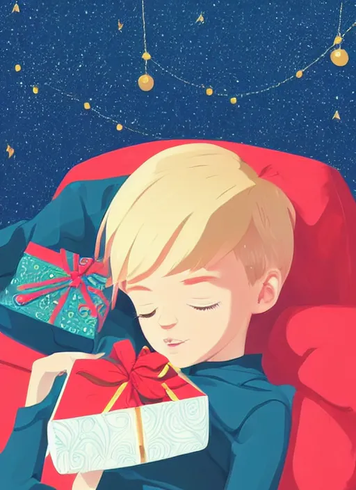 Prompt: thirteen year old with short blonde hair, asleep at christmas. surrounded by gifts. high quality detailed face. clean cel shaded vector art. shutterstock. behance hd by lois van baarle, artgerm, helen huang, by makoto shinkai and ilya kuvshinov, rossdraws, illustration, art by ilya kuvshinov