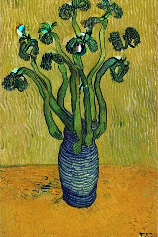 Image similar to Fiddleheads, painted by Vincent Van Gogh (1890), oil on canvas, detailed brushstrokes