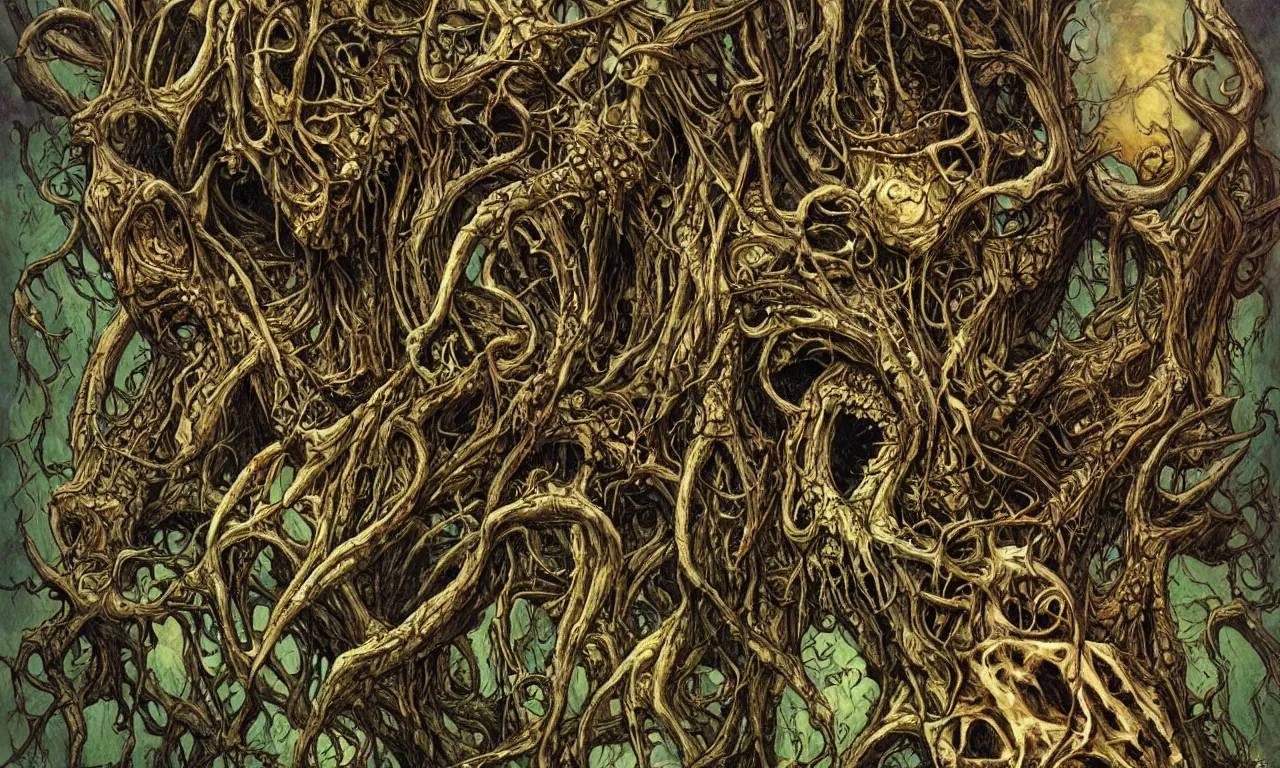 Image similar to hyperdetailed art nouveau portrait of treebeard as a cthulhu eyeball skull dragon monster, by micheal whelan, simon bisley and bill sienkiewicz, grim yet sparkling atmosphere, photorealism, claws, skeleton, antlers, fangs, forest, wild, crazy, horror, lynn varley, lovern kindzierski, steve oliff