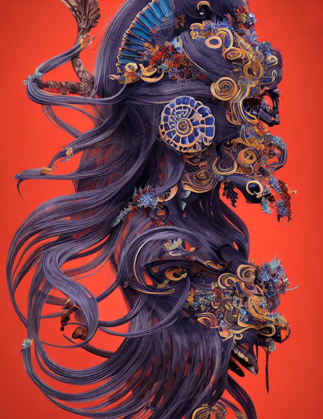 Image similar to 3 d slvic goddess half - turn portrait with long hair with ram skull. beautiful intricately detailed japanese crow kitsune mask and clasical japanese kimono. betta fish, jellyfish phoenix, bio luminescent, plasma, ice, water, wind, creature, artwork by tooth wu and wlop and beeple and greg rutkowski