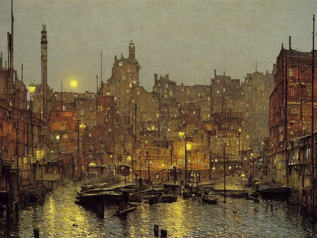 Prompt: docks in an old town by john atkinson grimshaw