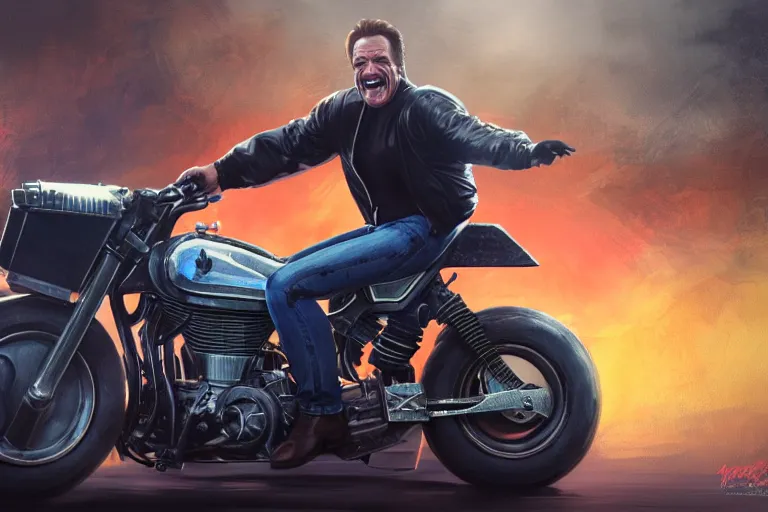 Image similar to Arnold Schwarzenegger grinning maniacally while riding a miniature motorbike, hyperrealistic, concept art, illustration, 8k, cinematic, digital painting, very detailed, volumetric lighting, artstation, unreal engine, vivid colors