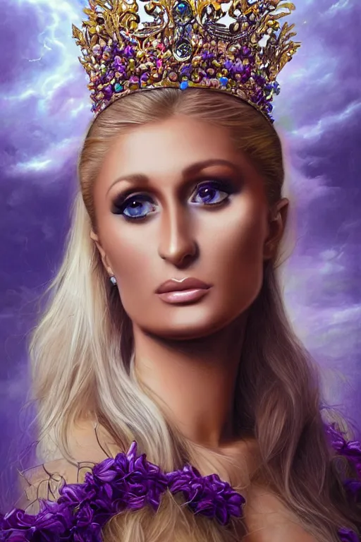 Image similar to closeup portrait fine art photo of the beauty paris hilton, she has a crown of stunning flowers and dress of purple satin and gemstones, background full of stormy clouds, by peter mohrbacher