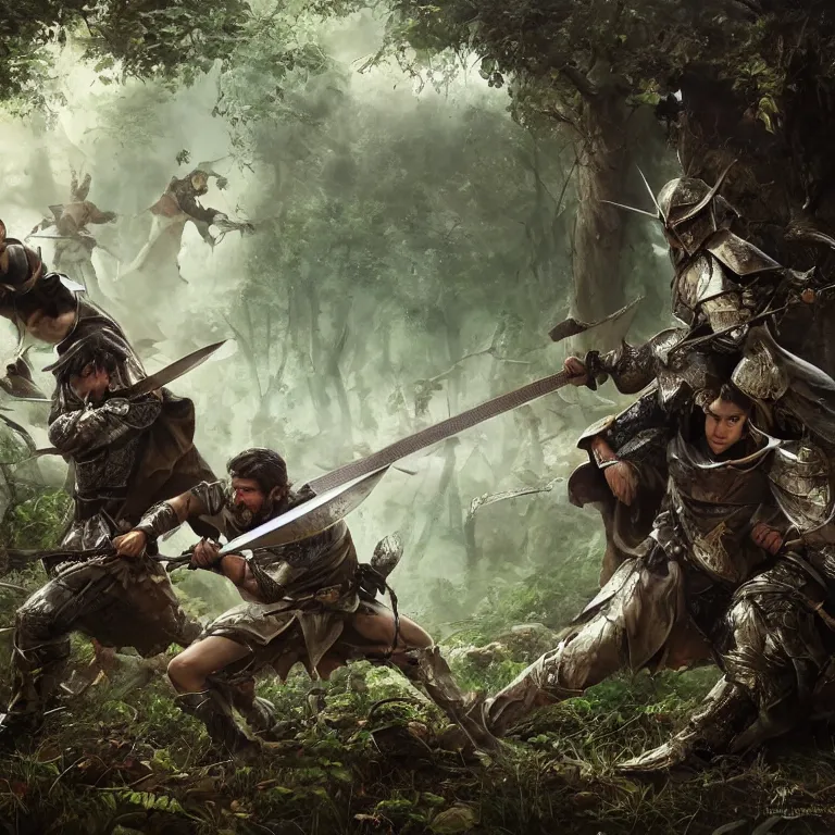 Prompt: 2 heroes fighting with swords in forest, while their armies are in the background, highly detailed, smooth, sharp focus, portrait, concept art, intricate details, fantasy poster, dark athmosphere, 8 k. lifelike. nikon d 8 5 0