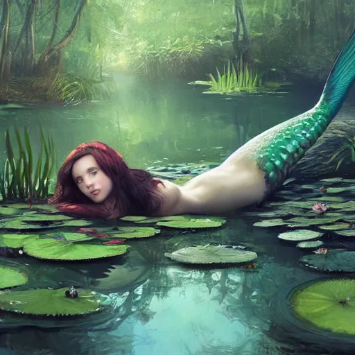 Prompt: art of a mermaid resting in a dense forest near a pond with water lilies by greg rutkowski, artgerm, artstation, wlop, 8 k,