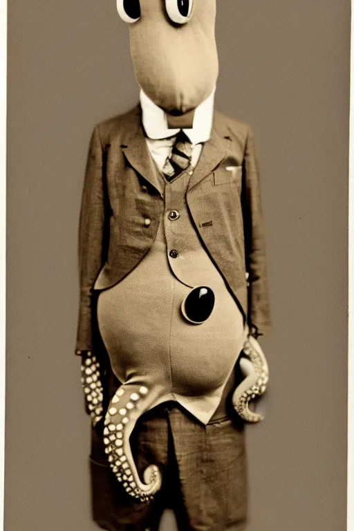 Image similar to anthropomorphic octopus , wearing a suit, vintage photograph, sepia