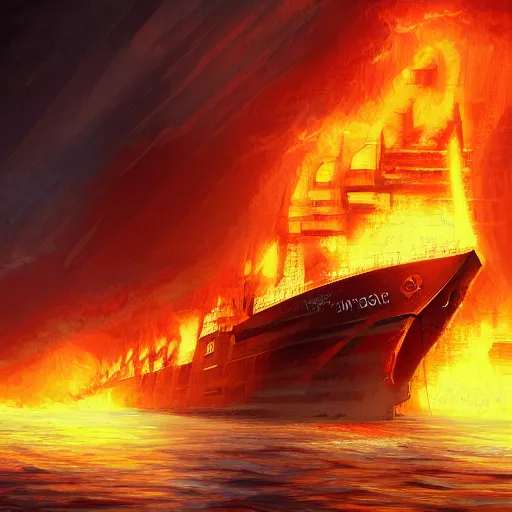 Prompt: Ships on fire, digital painting, high detail, trending on Artstation