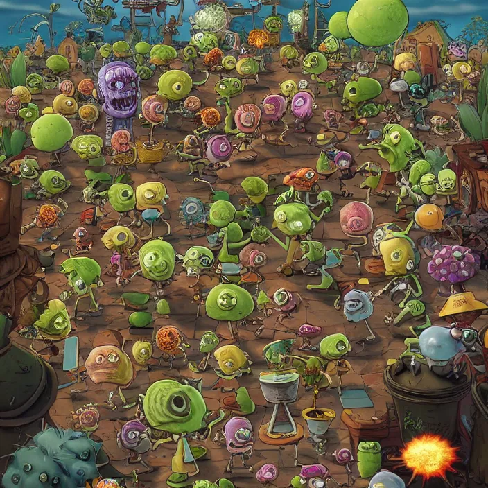 Prompt: crazy plants vs zombies, by dan mumford, moebius, yukito kishiro, barclay shaw, karol bak, jean baptiste monge, high quality, high resolution, smooth 8 k octane rendered with volumetric cinematic dramatic light rutkowsky