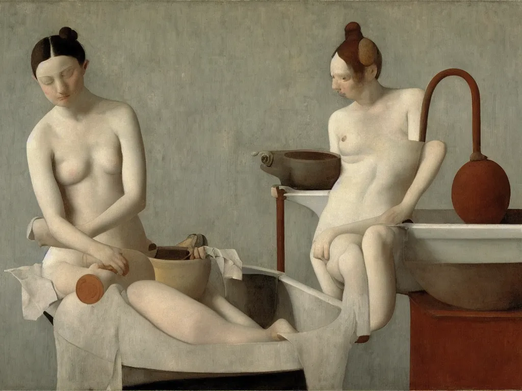 Image similar to Portrait of a woman in the bathtub with amphora, white cloth and crane. White Opal, marble, terracotta. Painting by Balthus, Hammershoi, Morandi