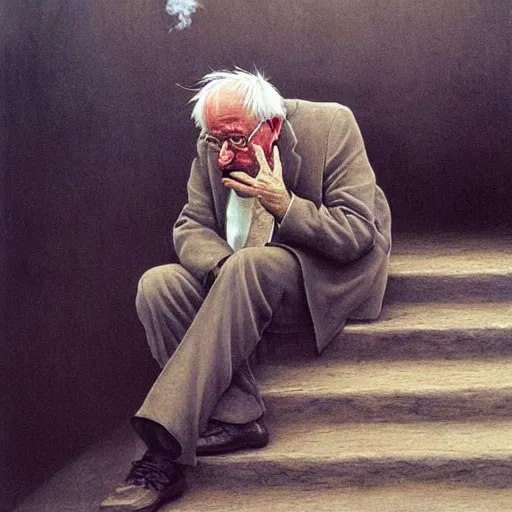 Prompt: a coherent award - winning beautiful!!! portrait of a calm bernie sanders smoking, sitting on temple stairs, painted by zdzislaw beksinski