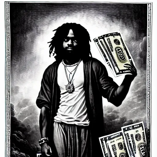 Image similar to highly accurate cheef keef rapper holding stacks of cash, biblical image, style of gustave dore, highly detailed, beautiful, high contrast, black and white