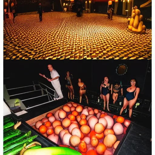 Prompt: a photo of a very weird nightclub. fat men in swimsuits and giant fruit and vegetables all over the floor.