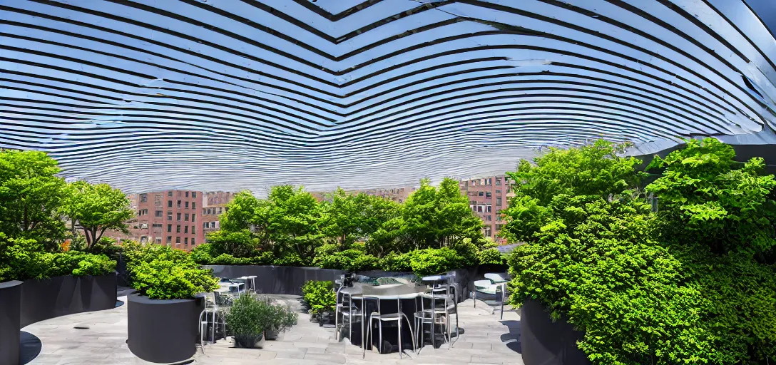 Prompt: curved roof planes lift and descend creating shade and architectural expression, situated on a rooftop garden in manhattan, highly detailed, vivid color, high resolution photography, mist