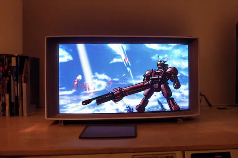 Prompt: old photo of an old retro Trinitron TV showing gundam fighting a Zaku-II with an axe, in the dark living room, lights off, 90s nostalgia, wide view, fish eye lens, vhs , scanlines, 8k, hd, high resolution