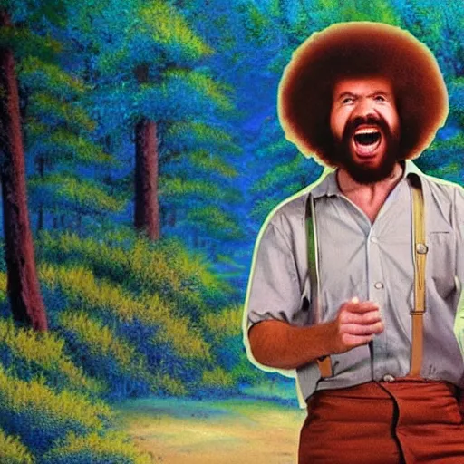 Image similar to bob ross screaming in back of pick up truck on bad acid trip
