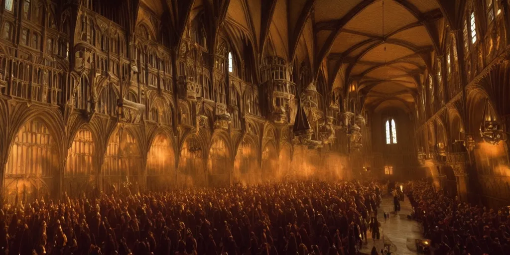 Image similar to film still. screenshot. hogwarts castle. the great hall. busy. during golden hour. cinematic lighting. directed by christopher nolan and denis villeneuve. extremely detailed. 4 k.