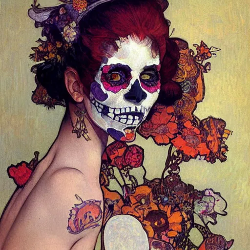 Image similar to realistic detailed painting of a cute punk Día de los Muertos girl by Henri de Toulouse-Lautrec Alphonse Mucha Egon Schiele Ayami Kojima Amano Charlie Bowater, masterpiece