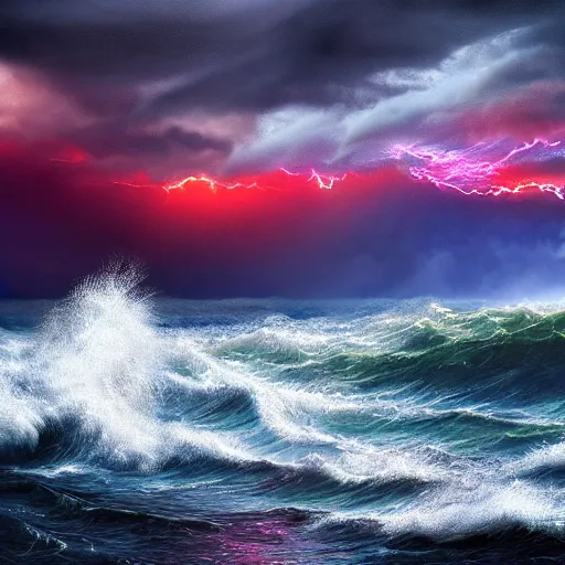 Image similar to burning ocean, storm, dramatic sky, waves, dark, flame, pirate sail ship, hyperrealistic, highly detailed, fractal,