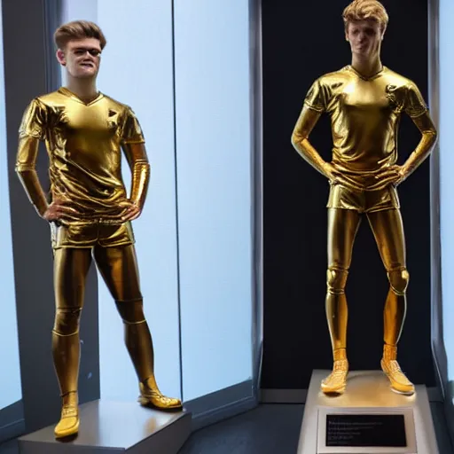 Image similar to a realistic detailed photo of a guy who is an attractive humanoid who is half robot and half humanoid, who is a male android, soccer players martin ødegaard & timo werner, shiny skin, posing like a statue, blank stare, in a museum, on display, showing off his muscles, gold soccer shorts, no jersey, ground view, ceramic statue