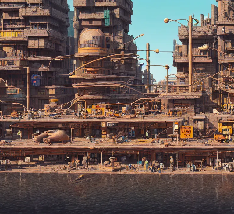 Image similar to hyperrealism photography hyperrealism concept art of highly detailed beavers builders that building highly detailed futuristic ( cyberpunk ) city by wes anderson and hasui kawase and scott listfield sci - fi style hyperrealism rendered in blender and octane render volumetric natural light