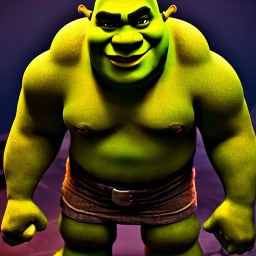 Prompt: muscular shrek with red glowing eyes, highly detailed, high quality, hd, 4 k, 8 k, canon 3 0 0 mm, professional photographer, 4 0 mp, lifelike, top - rated, award winning, realistic, sharp, no blur, edited, corrected, trending