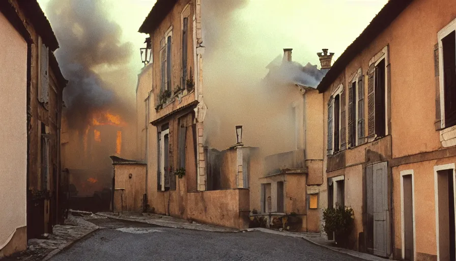Prompt: 1 9 6 0 s movie still of a burning french style townhouse in a small french village, cinestill 8 0 0 t 3 5 mm, high quality, heavy grain, high detail, texture, dramatic light, ultra wide lens, panoramic anamorphic, hyperrealistic