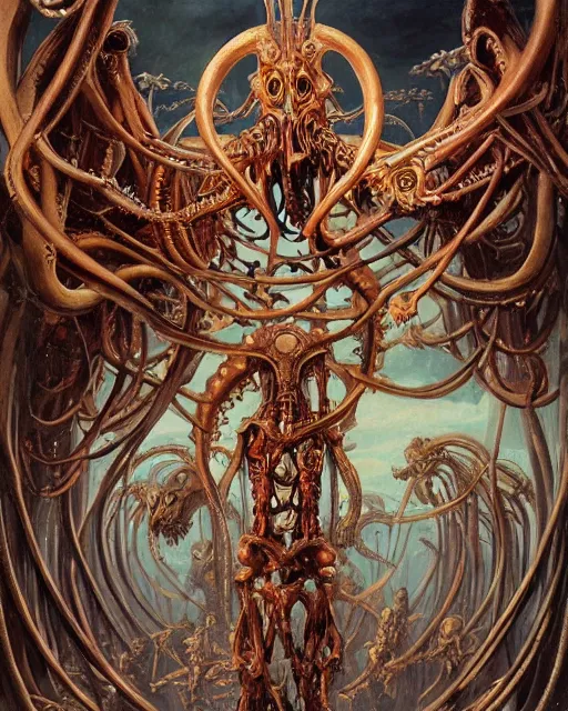 Prompt: elegant renaissance painting of biomechanical warhammer final boss creature vecna, art by bruce pennington and peter mohrbacher, epic bibical depiction, flesh and bones, teths and tentacles, corpses and shadows