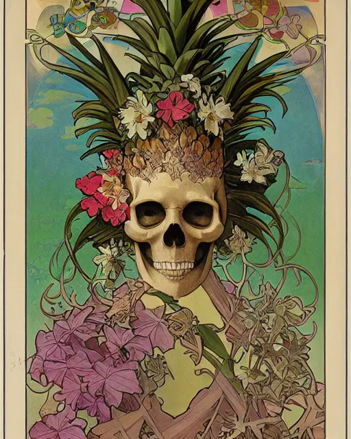 Image similar to Poster of an ancient skull with pineapple leaves growing out of the top art surrounded by varities of flowers, cell shading, by Alphonse Mucha, Moebius, hiroshi yoshida, Art Nouveau, colorful, ultradetailed, vivid colour, 3d