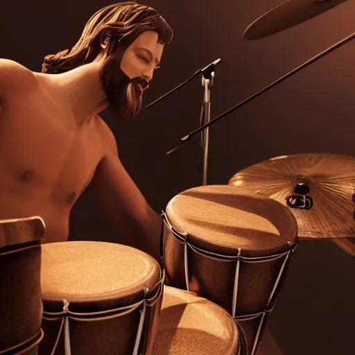 Image similar to a highly detailed realistic photographic render of christ playing drums, realistic, photo realism, hyper realistic, hyper realism, photo realisitc, cinematic render, film, beautifully lit, ray traced, octane 3D render, octane render, unreal engine