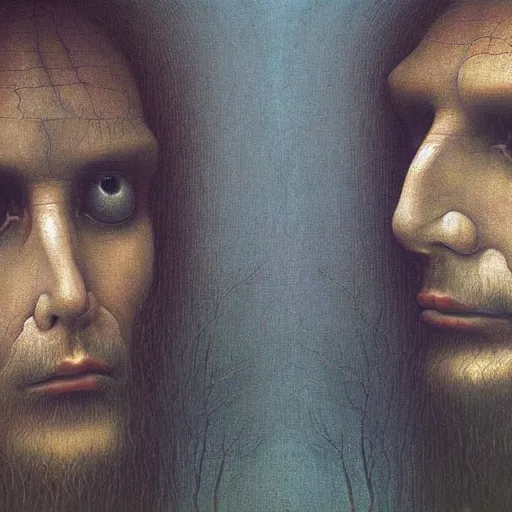 Prompt: masterpiece closeup portrait of Adam and Eve in the style of Zdzislaw Beksinski