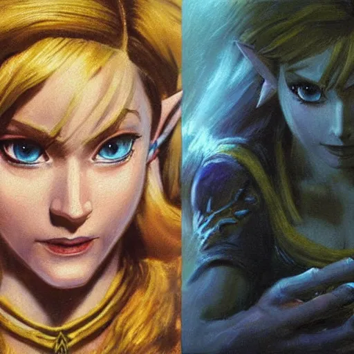 Image similar to an ultra - realistic portrait painting of zelda from the legend of zelda in the style of frank frazetta. 4 k. ultra - realistic. highly detailed. dark fantasy. epic lighting.