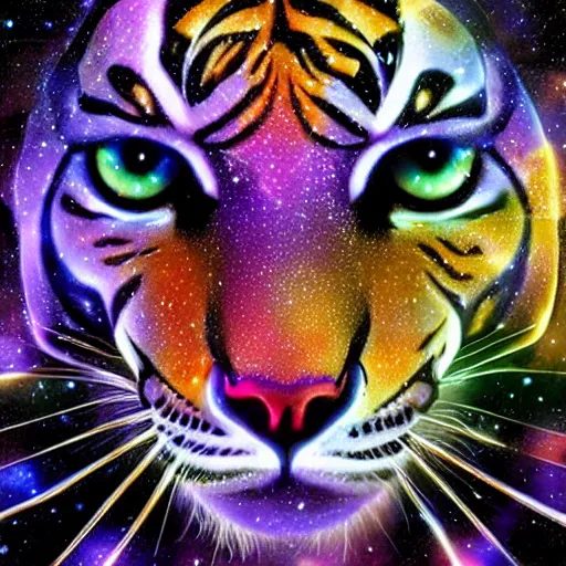 Image similar to geometric symmetrical tiger with galaxy eyes in space, nebula in the background, intricate, elegant, highly detailed, digital painting, artstation, concept art, smooth, sharp focus, illustration, art by artgerm