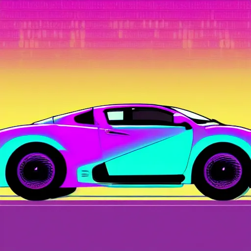 Image similar to synthwave poster of sports car in bland plains, with blue fog, purple fog, pink fog in the background and laser neon trims