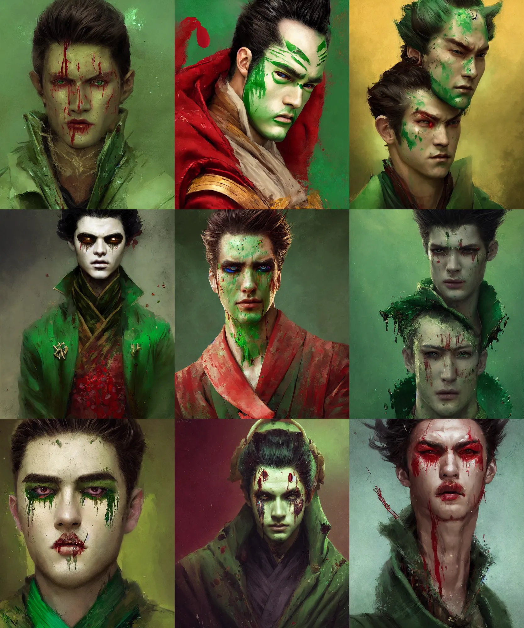 Prompt: digital art painting of young handsome guy dnd portrait, blood tears, remarkable geisha make up, wearing a green jacket painted by craig mullins and gaston bussiere and greg rutkowski, symmetrical face, defined facial features, symmetrical facial features, dramatic lighting, ambient lighting, close up