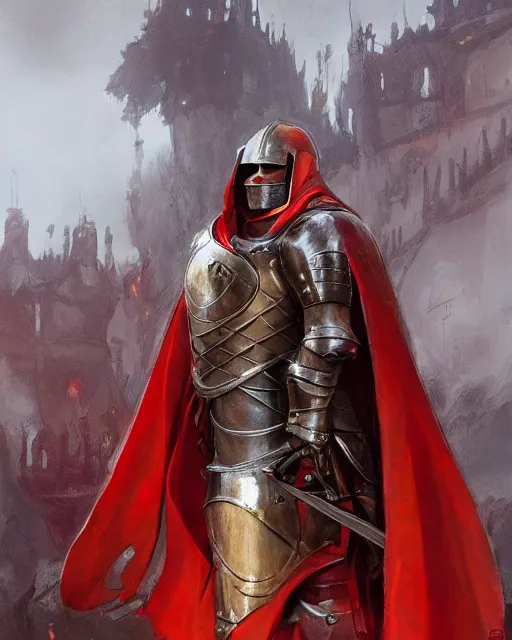 Image similar to A medieval knight wearing bronze armor and a red cloak, by Stanley Artgerm Lau, WLOP, Rossdraws, James Jean, Andrei Riabovitchev, Marc Simonetti, and Sakimichan, tranding on artstation