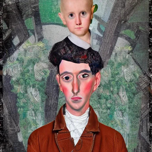 Prompt: maximalist elabboraate half-lenght portrait of a futuristic father with child, wearing overgrown clothing. rococo architecture, in the style of Modigliani and mixed media collage. matte background HD 8x