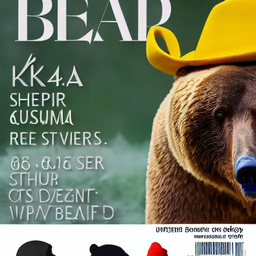 Image similar to magazine cover with bear in a hat. 8k resolution. hyperrealistic